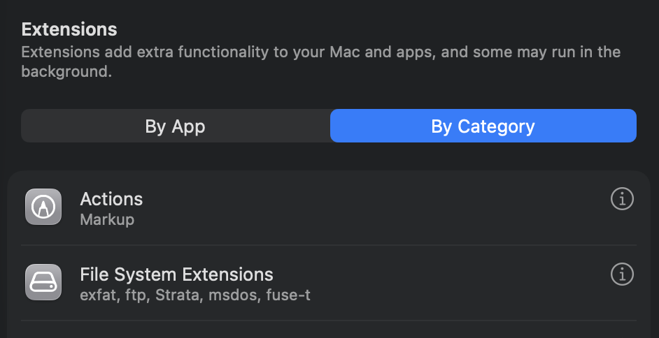 System Settings Extensions panel with By Category selected, showing Strata listed under File System Extensions.